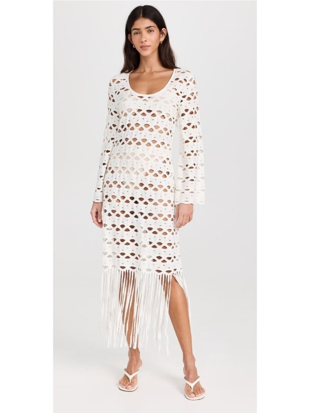 Simkhai Pierce White Crochet Fringe Coverup Womens M Bell Sleeve Sheer Dress